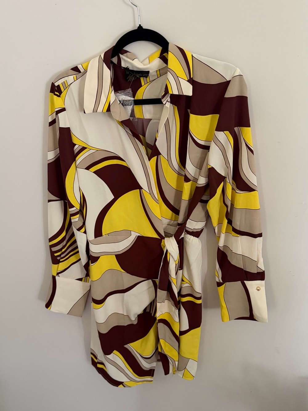House of Harlow 1960 Yellow, Brown & Cream Retro Print Dress